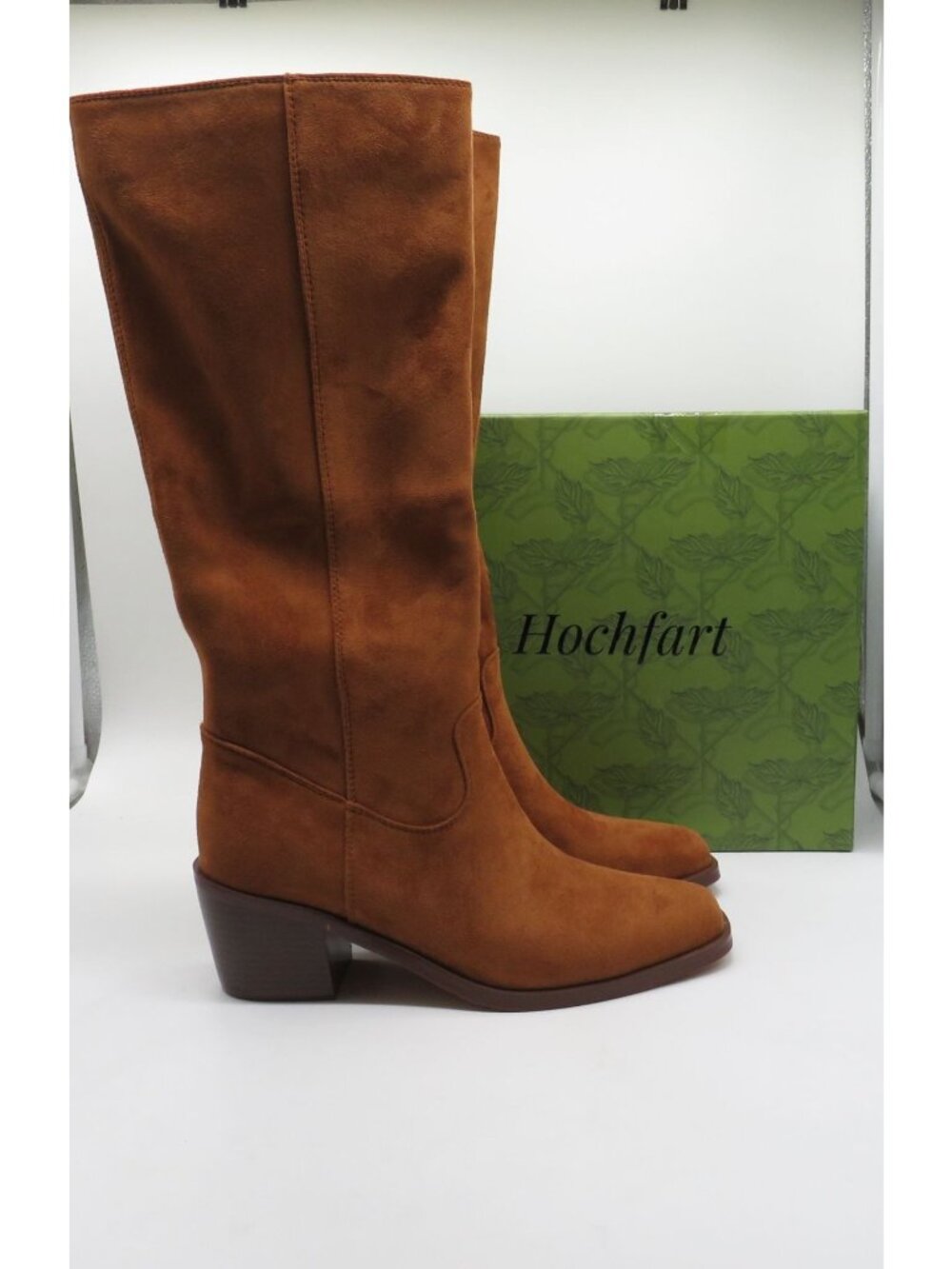 Hochfart Womens Suede Tall Boots Cognac Brown Block Heel Side Zipper Size 9 NEW